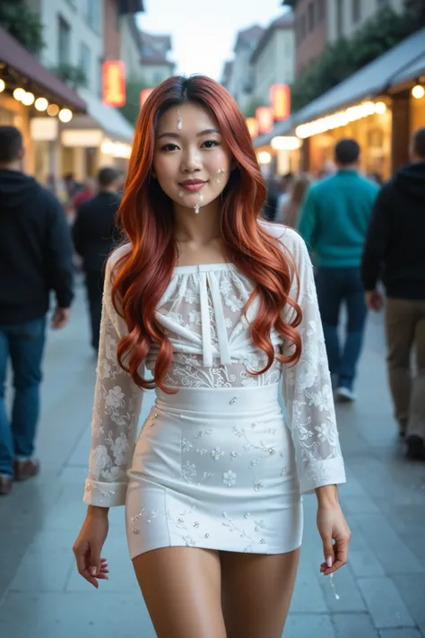 Award winning Photo of a (beautiful gorgeous sexy tanned exotic (Asian:2) redhead businesswoman walking in crowded, cum on face and hair and clothes, flowing long hair, flat_chested:1.35), clothes dripping with cum, (vibrant ambient lights, utban backgroun...