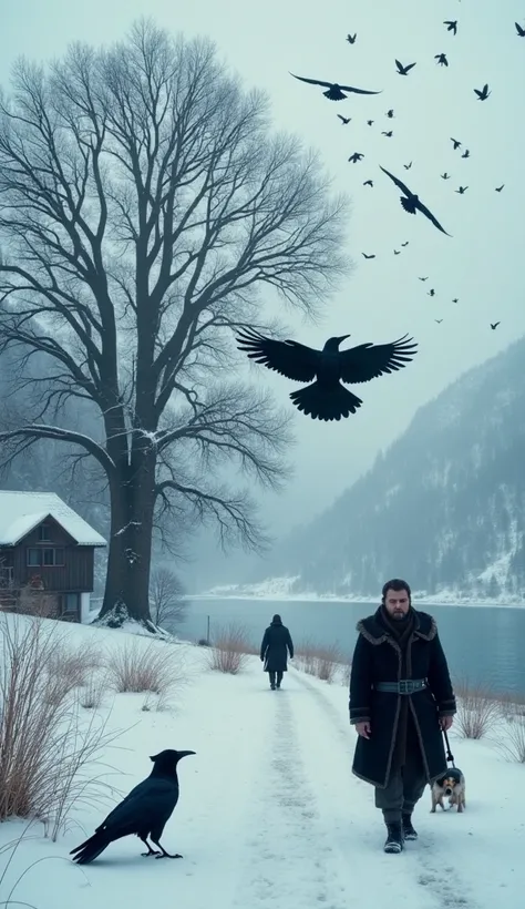 A cinematic winter scene in Norway’s Lovatnet Valley. The Crow King and his mate dominate the foreground, both majestic and intelligent, their dark feathers blending into the cold, misty air. Each has a natural, crown-like feather tuft, giving them a regal...