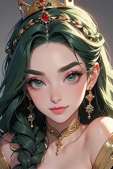 (   TOP QUALITY ,   Masterpiece:1.2),      very detailed  ,   exists:1.37,      fantasy,    illustration ,   GREEN EYES、     queen   , Platinum decoration、  beautiful、((   pat your head with a gentle smile)).     Eye Shadow Red  、     thick eyebrows、   lon...