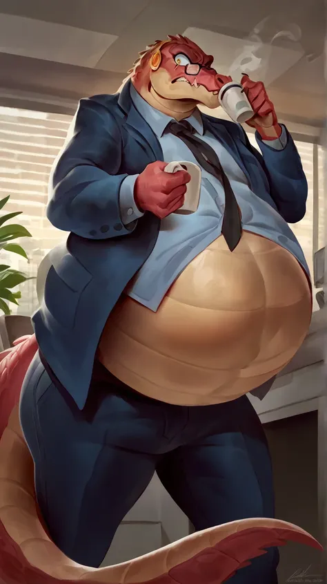 anthro crocodile, 1boy, two tone skin, a scar on the eye, crocodile scales, large tail, pink body/skin, mass, fat, big belly, wide eyes, big body, Anime, (posted on e621), (wearing a blue suit, glasses, long pants, drinking a coffee), standing, the office,...