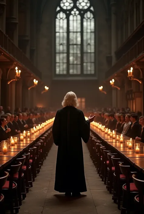 Create an image of Dumbledore giving a speech in the Great Hall. Include many students in the image. Arrange the long, narrow tables and chairs in four rows. Place 100 candles floating near the ceiling.