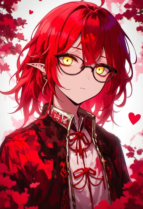 A young man with crimson red hair of medium length has golden eyes and white skin is handsome and elegant wearing a red and white Chinese costume with anime glasses