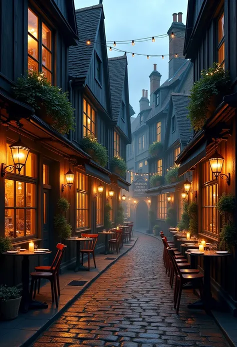 A narrow cobblestone curved alleyway in England lined with quaint restaurants and cafes. The buildings feature dark wood exteriors with large windows showcasing warm, inviting interiors. Lanterns hang above, casting a soft glow. Tables are set outside with...