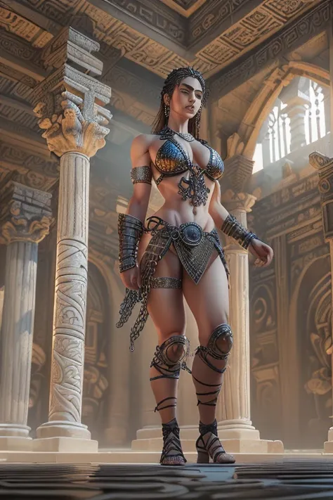 Beautiful Alluring fantasy warrior, Bare Skin, ornaments,chainmail bikini, chain bikini armor, Athletic Well Toned Body, Elegant Form, Bare Skin, at an ancient temple, Barely Clothed, cleavage, Beautiful Face, Ominous Gothic Theme, fantasy theme, Fiverr Dn...