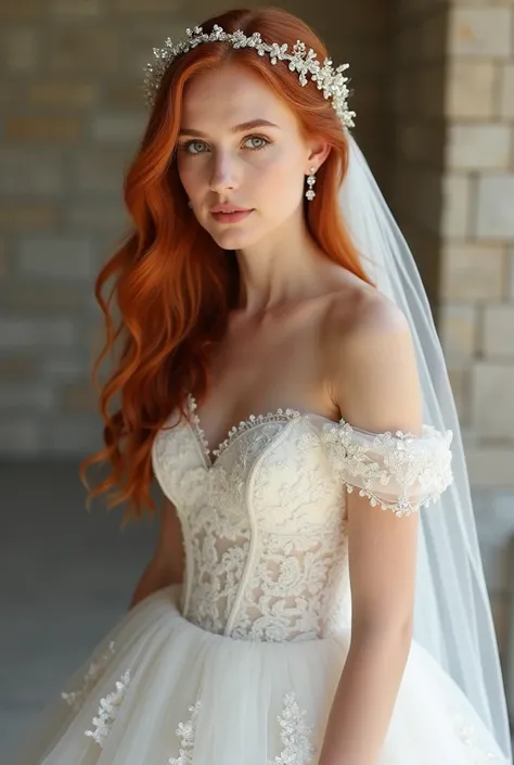 Catherine Huntington (23 years old) looks stunning in her bridal look, balancing innocence and allure.

She wears an off-the-shoulder ballgown with lace and ruffle details, highlighting her figure while keeping a dreamy, fairytale feel. Her red, wavy hair ...