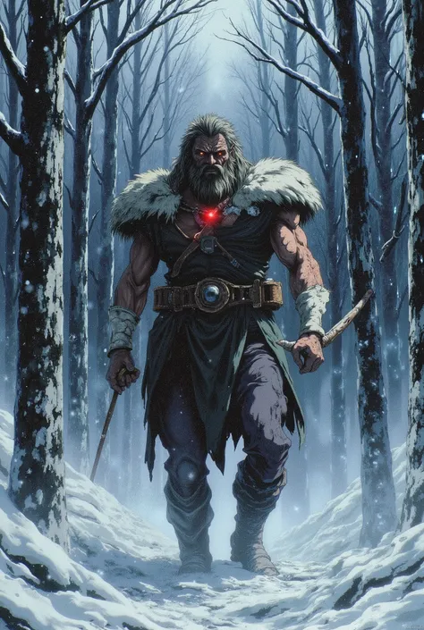  A tall, shoulder Russian man, 45 years old with a thick beard and tired, he stands in his pants alone,his body was adopted by Shraiomi  , against the backdrop of a snowy forest in winter .