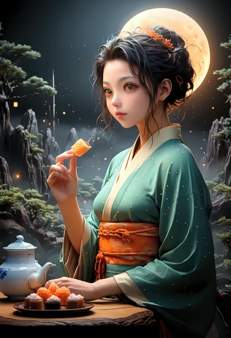 epic realistic, RAW, analog, A full portrait of stunning woman wearing kimono, longing expression, japanese tea and manju cake, full moon outdoor,  natural look, no make up,  masterpiece that captures the essence and beauty of the woman, japanese tea and m...