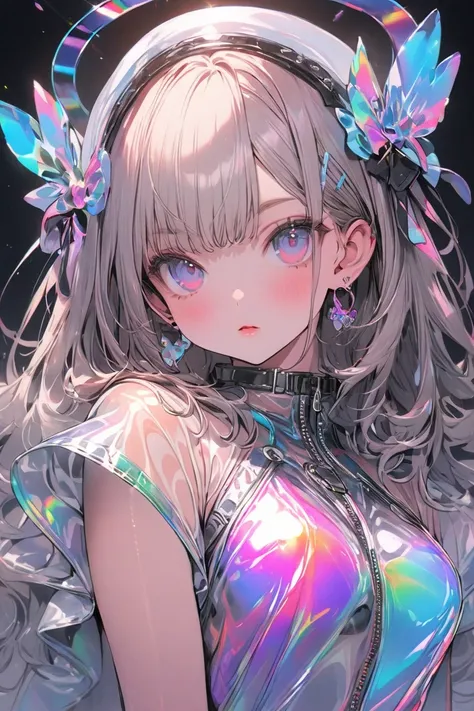 Transparent PVC clothing, transparent vinyl costume ,  prism,  Holographic ,  Color Difference,  fashion illustration,  Masterpiece, Harajuku Fashion Girl ,  and stare at the viewer, 8k,  super detailed, Pixiv