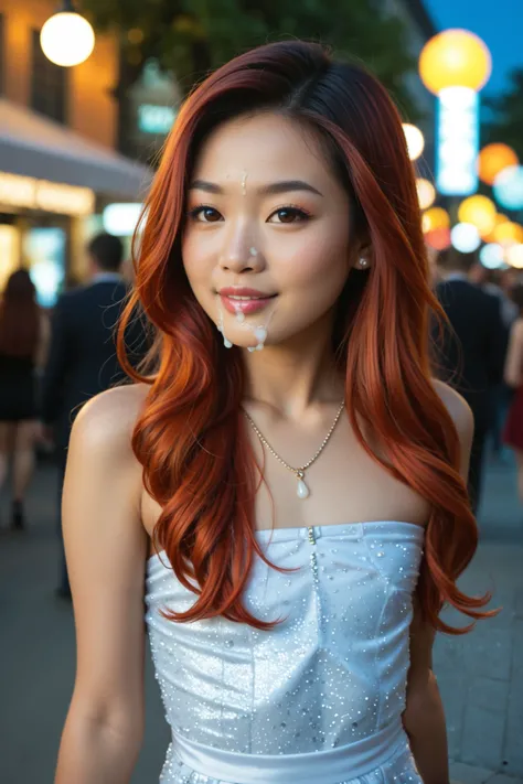 Award winning Photo of a (beautiful gorgeous sexy tanned exotic (Asian:2) redhead businesswoman walking in crowded, cum on face and hair and clothes, flowing long hair, flat_chested:1.35), clothes dripping with cum, (vibrant ambient lights, utban backgroun...