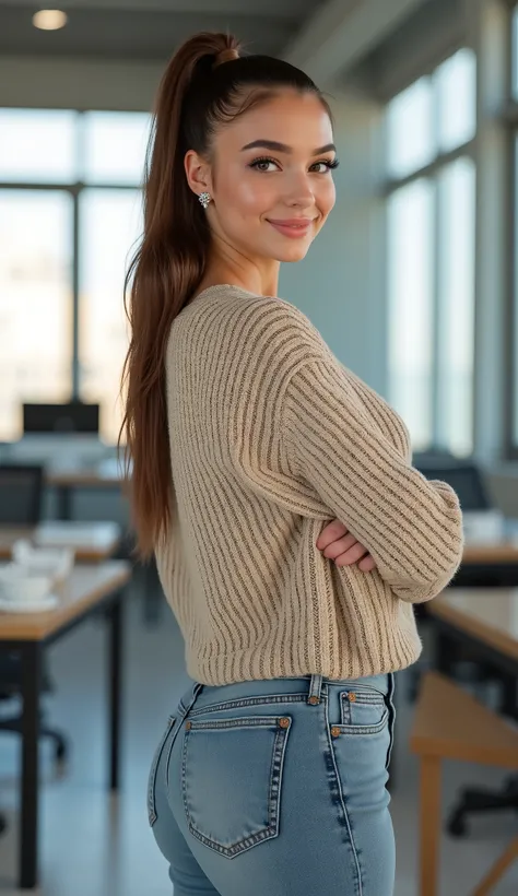 A high-resolution, photorealistic full-body portrait of the most beautiful 19-year-old woman in the world with an athletic, well-defined figure. She is in a modern office environment, wearing a chic, cozy sweater paired with well-fitted jeans, presenting a...