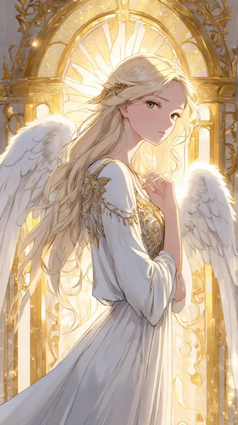 A young woman with fair skin and long, flowing light blonde hair is depicted as an angel. She is depicted from an angled perspective, with her head and shoulders taking up most of the frame. Her gaze is directed slightly to the right of the viewer. She has...