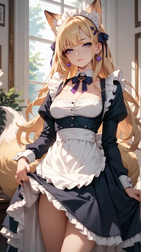 fox girl,purple eyes,blond long hair,fox tail,  maid,boobs,sexy,skirt lift