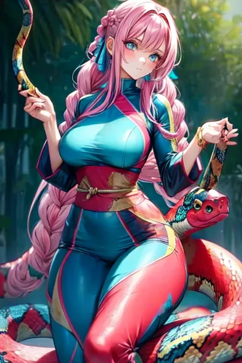 Light blue snake fashion girl, ninja girl, tight clothes, wide hips, narrow waist, Braids, pink hair, snake scale patterns, (masterpiece, best quality:1.3)