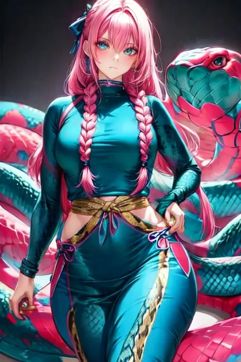 Light blue snake fashion girl, ninja girl, tight clothes, wide hips, narrow waist, Braids, pink hair, snake scale patterns, (masterpiece, best quality:1.3)