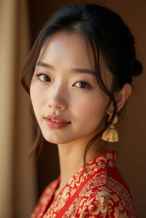 Modern skincare advertising, Mongolian girl model exuding traditional elegance, harmonious blend of contemporary and cultural aesthetics, warm earthy tones highlighting natural beauty, soft lighting accentuating facial features, intricate traditional patte...