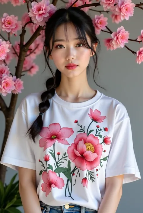 A very beautiful Korean woman wears a cool floral print T-shirt with the name of mother kiki , pose like a model behind which there is a multicolored smoke ornament and there is a cherry blossom along with her pot