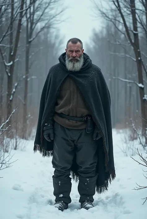  A tall, shoulder Russian man, 45 years old with a thick beard and tired, he stands in his pants alone,his uttermost torso adopted by Shraiomi , against the backdrop of a snowy forest in winter .