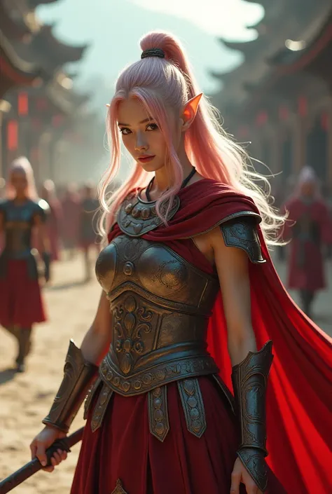 Upper body shot, Japanese woman, pointy elf ears, white skin, pale pink hair, closed mouth, ancient Greek Hoplite armor, combat pose, dynamic pose, complex fantasy character, NSFW, cinematic lighting, fantasy, magic, detailed background, in ancient Greek c...