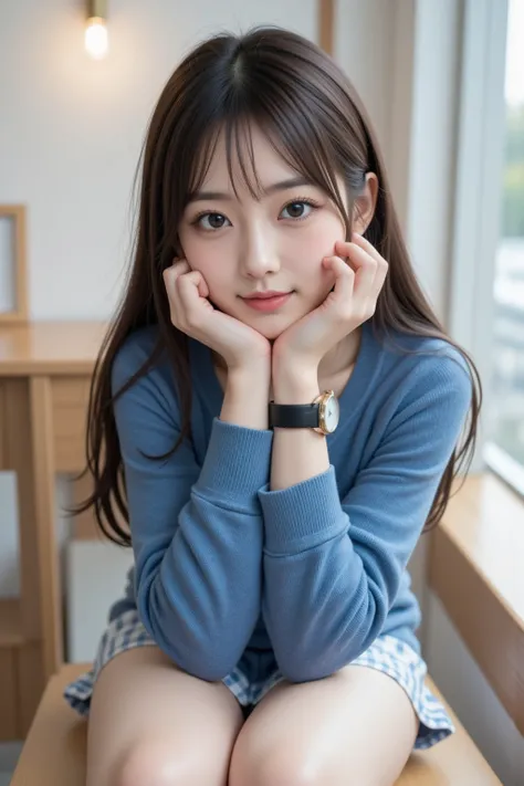     Japanese      cute idol,   Japanese     cute girl,   cute,  1 girl is the best  ,   alone,   university student、Blue sweater、 skirt  ,       black hair,    long hair,    watch viewers  ,    Masterpiece,    highest quality,    More details,    very deta...