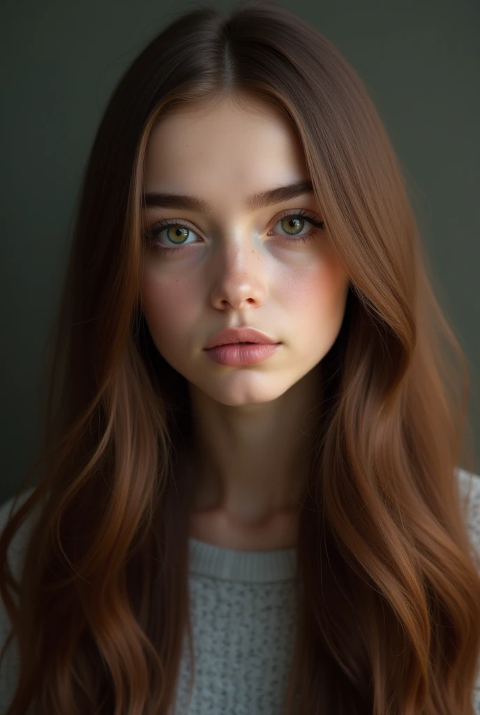  18-year-old girl,  long brown hair, smooth and heavy.  She has a wide forehead and a widow's beak ,  and a narrow jaw with a pointed chin . The eyes are large and separate; the six of the face, prominent, and the nose, sharp. The lips are disproportionate...