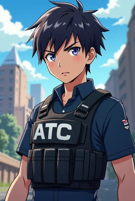 Anime elite squad boy with a vest that says ATC MAXXXWYNN
