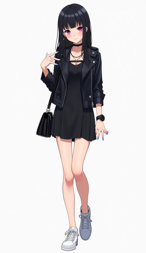 Japanese anime teenage woman with straight black hair and intense magenta eyes and a black watch and wears a short black dress and shiny leather jacket and white sneakers and black watch and light blue nails and white background and full body