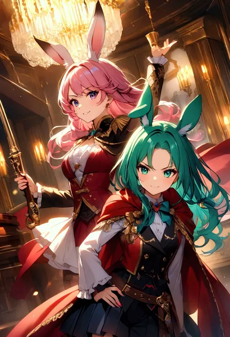 「Create an emblem of the Women Pirates owned by the Empress」、 The first girl, with citrus-yellow hair and fox ears, strikes a confident pose, her cape billowing as she draws her cutlass, a sly smile on her face. The second girl, with soft pink hair and rab...