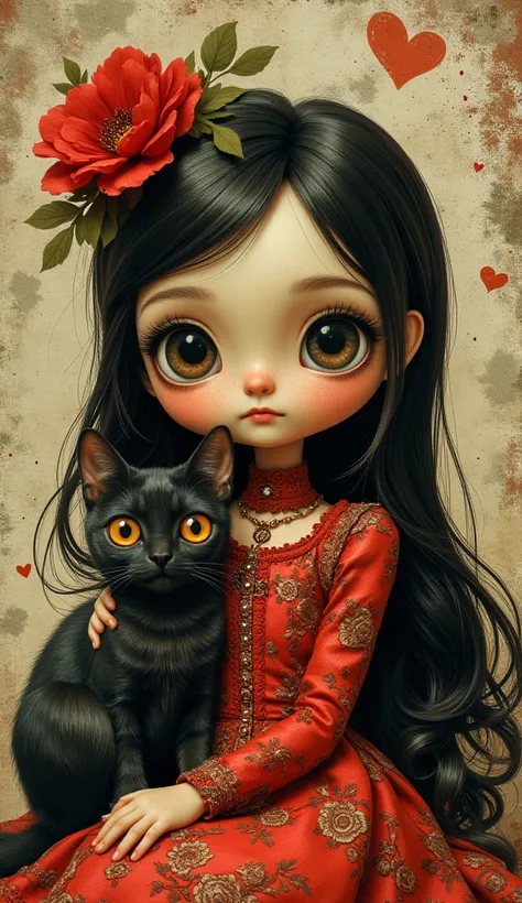 A girl with long dark hair, large eyes with rosy cheeks, wearing a red dress with intricate floral patterns.  A black cat with striking orange eyes sits beside her.  A red heart-shaped flower with green leaves adds a touch of whimsy.  The background should...