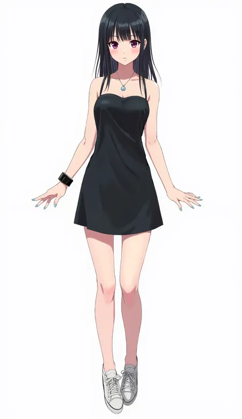 Japanese anime age woman with straight black hair and intense magenta eyes and a black watch and wears a short sleeveless black dress with thin straps and white sneakers and black watch and light blue nails and white background and full body