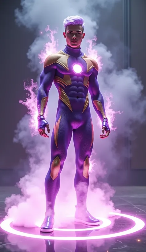 Full body photorealistic handsome hunky young slender futuristic male hero with lilac hair wearing a violet and gold micro scale textured transparent mesh costume, and wristbands that can manipulate spirit smoke, his body is covered with energy of smoke,,s...