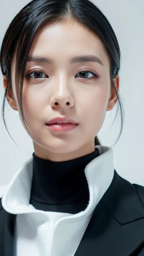 ((best quality, 8k, masterpiece:1.3)),sharp focus:1.2, 1girl ,((detailed face)), Beautiful lady with Perfect Figure, Vivid, white modern turtleneck,black hair,white background,(WAIST up),
