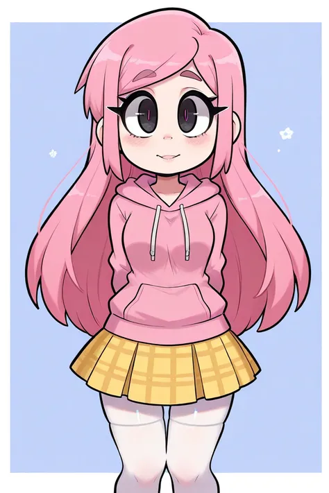 A girl with peach hair hair, dark eyes, wearing a pink hoodie, a yellow plaid skirt and white stockings. 