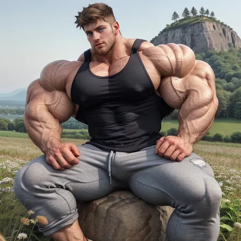 a very handsome man, very big eyes, a little big muscular, defined chest, defined muscles, wearing a black tank top with gray pants, Adidas, sitting on a rock in a field at dawn side view, sitting like a seductive boy, very handsome, very sexy, side view, ...