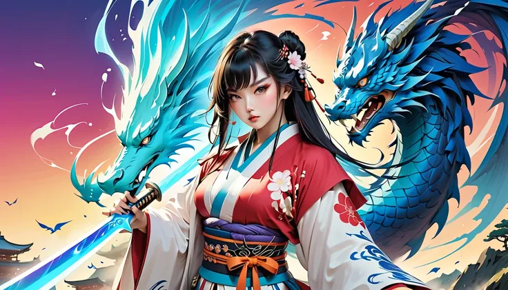 (masterpiece, ultra detailed,best quality,japanese girl with a aura sword and a blue DRAGON  water aura background, battle pose samurai , (((1 girl))), (((Flashy makeup))), (((Japanese style mask ))) (((hiphop jacket kimono armor ))),(((TATOO))), beautiful...