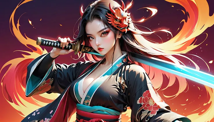 (masterpiece, ultra detailed,best quality,japanese girl with a aura sword and a RED DRAGON FIRE aura background, battle pose samurai , (((1 girl))), (((Flashy makeup))), (((Japanese style mask ))) (((hiphop jacket kimono armor ))),(((TATOO))), beautiful gi...