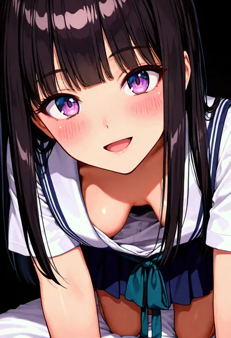 8K, detailed-anime, cute short girl, face focus, open mouth smile, blush, small breasts, hanging_breasts, breasts_apart, school uniform, black hair, on all fours, black-background, dynamic-lighting, long straight hair, deep downblouse, flashing, no bra, ac...