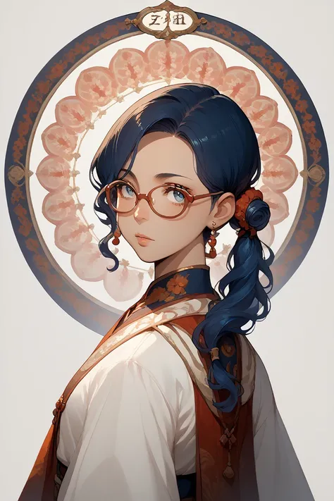 The image features a stylized graphic full body of a woman. The anime art style, characterized by exaggerated facial features and a cartoon-like depiction. The woman has dark blue hair styled into a side ponytail. She wears glasses, which are a common acce...