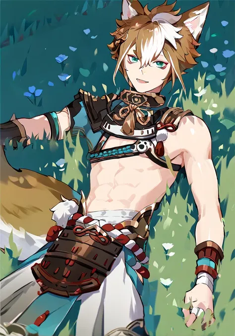 The original god Gorou, Green eyes (beautiful eyes), topless, with fox ears and tail, showing off abs and pectorals (slim body), wearing white shorts and white socks, lying on the grass