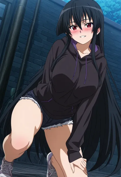 masterpiece, best quality, very aesthetic, anime screencap,1girl, solo, large breasts, blushing, looking at viewer,seductive smile,teeth, seductive pose,akame, long hair, black hair, red eyes, hair between eyes,wearing an oversized hoodie, ripped jeans, an...