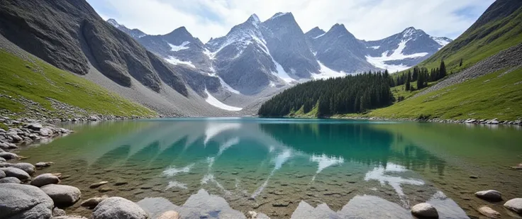 This image showcases a stunning alpine lake nestled in a mountainous region, emphasizing the beauty and power of nature. Let's analyze its components and their symbolic meaning:

Key Elements:

Alpine Lake: A calm, clear lake with a vibrant greenish-blue h...