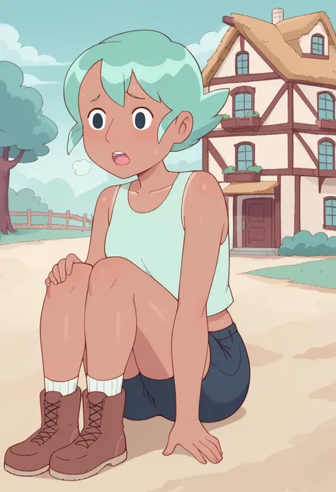 score_8, score_8_up, score_7_up, 1girl, female focus, Solo, Cass_BAP, light tanned skin, dark blue eyes, mint green hair, short hair, aqua-tinted tank top, dark blue shorts, white and red boots, full body, outdoors, town, standing up, hands on knees, out o...