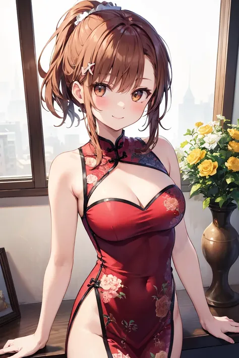 {{{ Masterpiece}}}, {{{ highest quality}}}, {{ super detailed}}, { illustration}, {{ very delicate and beautiful }}  highest quality Mikoto Misaka Ponytail hair brown hair hair,Flower's Seductive Smile Absurdres , Masterpiece, highest quality,Great Quality...