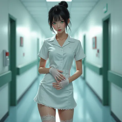 Eine Krankenschwester in einem engen  white n Kittel mit kurzem Rock.  white ,  lace thigh stockings . black hair in a bun .  green eyes.  wearing latex gloves .