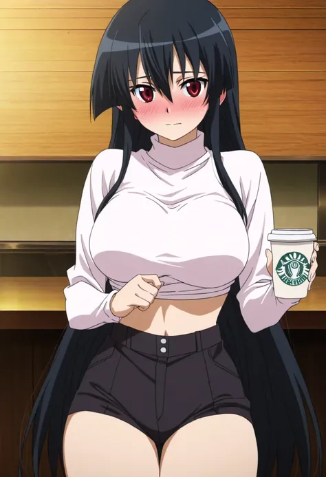 masterpiece, best quality, very aesthetic, anime screencap,1girl, solo, large breasts, blushing, looking at viewer,close mouth,shy,akame, long hair, black hair, red eyes, hair between eyes,wearing a casual crop top and high-waisted shorts, holding a coffee...