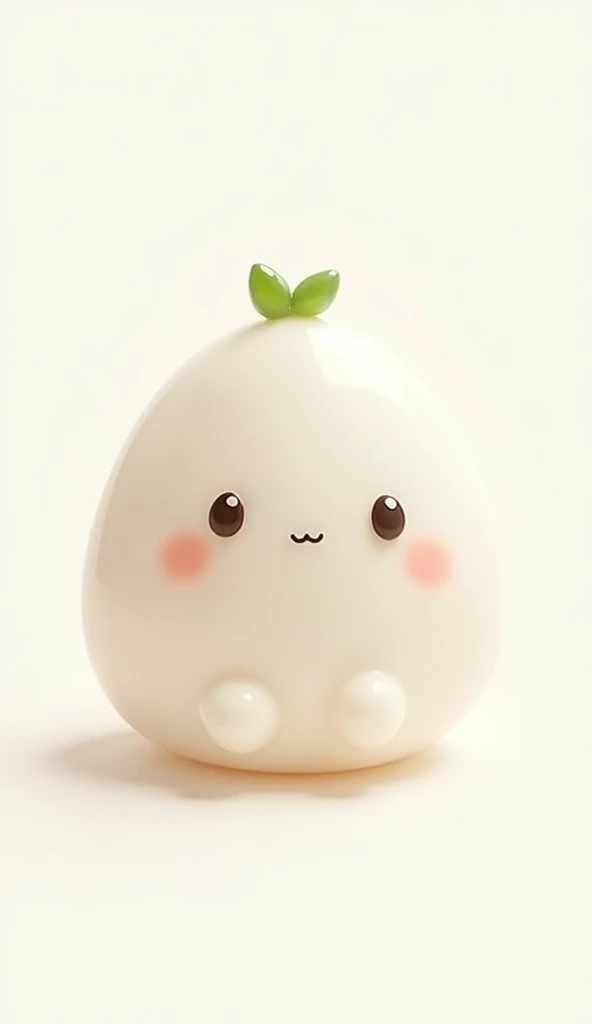  round mochi character。 has small dark eyes and a gentle smile 、 with slightly pink cheeks 。 with a soft and elastic texture 、 white and glossy appearance 。 has small leaves on the head。The background is a white color 、 slightly Japanese-style atmosphere 。...