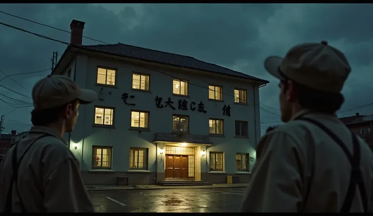 A hotel building with the words "HOTEL SAKURA" written on it appears to be attacked and shot at by four young men in light brown uniforms and baseball caps of the same color, the atmosphere at night is very tense but realistic, the setting is 1945, epic