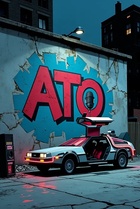 A comic book at night in Gotham there is a shattered old wall where a large graffiti mural of the word ATO is painted with a painted microphone. Next to it is a Boombox Guettoblaster radio cassette from the 80s . And in the picture is the Delorean from Bac...