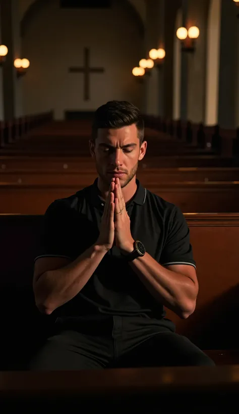 Pose: He sits straight on a wooden pew, eyes closed, hands pressed together, deep in solemn prayer. His expression conveys sorrow and hope.
Lighting: Dim church interior with warm candlelight casting shadows across his face, highlighting his strong feature...