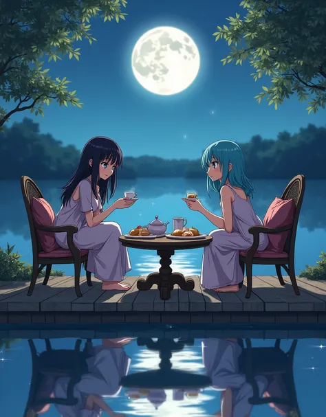  anime style，2 girls,The coffee table's head ,   blue eyes  ,  Dark hair , Aqua eyes,   happy  , Residence,  Medium Bust  ,，pastry，cup，night，moon，Drink tea，Sitting，lake，Reflection，  masterpiece,  latest, absurd , incredibly  absurd 