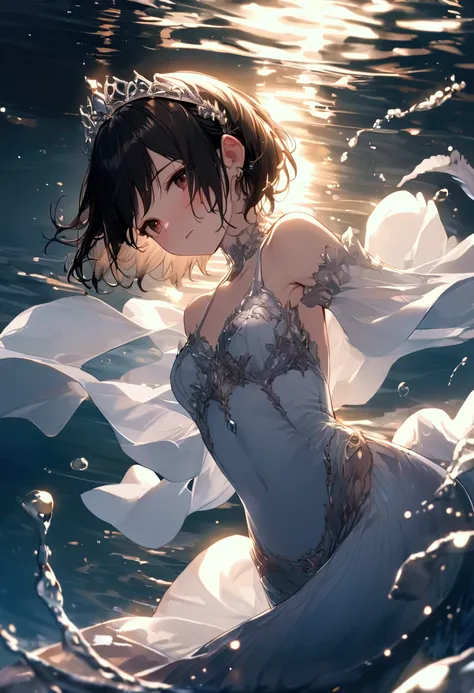 Mermaid in the Water 、  black hair 、 short hair 、 diamond 、 white dress 、 tiara 、